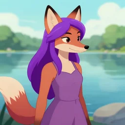 an anthropomorphic fox girl with purple hair, she wears a simple sundress, she has a pronounced snout and two pointed black ears, beautiful lake background, illustration by greg rutkowski, thomas kindkade, loish, artstation, furaffinity, deviantart