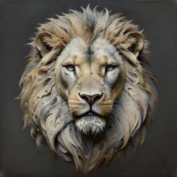 a perfectly centered symmetrical portrait of a fractal biomechanical lion, conceptual sculpture, intricate detail, volumetric shadows and lighting, realistic oil painting by tim hildebrandt,