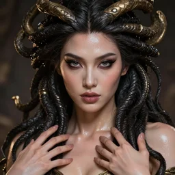 epic masterpiece medusa, sweaty skin, hyperrealistic, octane render, cinematic, beautiful face and flawless skin, perfect hands, 5 fingers,  by Edgar Maxence and Ross Tran and Michael Whelan, Legends of Runeterra