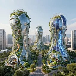a photo of a city complex from the future, parametric architectures, urbanistic project, glass palaces blending with nature, physarum, renewable energy sources, preserving ecosystems, gardens, trending on flickr, bacteria structures, 8 k, 4 k, ersnt haeckel giger, earthships, volumetric lightning, photorealistic