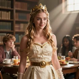 movie still of chloe grace moretz cosplaying as hestia, danmachi, in the breakfast club, directed by john hughes, library in background
