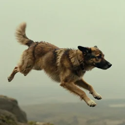dog flying through the air film still from the movie directed by denis villeneuve and david cronenberg with art direction by h. r. giger and bernie wrightson
