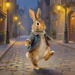 a beautiful painting of a rabbit wearing clothes walking on his back legs on a street paved with cobblestones and warm streetlights in a magical city, highly detailed, smooth, sharp focus, intricate, fantasy, trending on artstation, elegant, by Thomas Kinkade