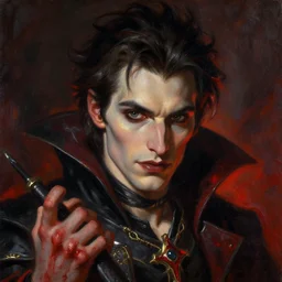 an oil art close up portrait of young vampire mage with blood magic in style of disco elysium character, dark paladin character design from d & d, art by anders zorn, wonderful masterpiece by greg rutkowski, beautiful cinematic light, american romanticism by greg manchess, jessica rossier