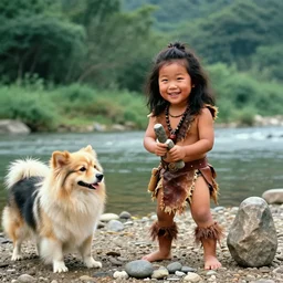a full - body portrait of little asian cuties caveman, oversized head, smile expression, wearing leather and bark cloth, making stone tool at the river bank, holding stone tool and pebble, with giant oversized cute dog, a colorized photo, colorized, # film, movie still