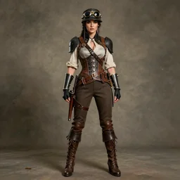full length portrait photograph of a real-life beautiful woman steampunk soldier.  Extremely detailed. 8k