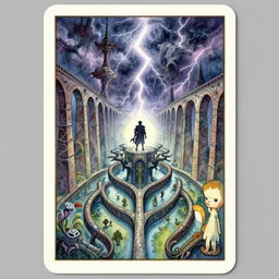 dixit card!!!!, twisted waterway, aqueducts, focal point, character, dark fantasy. intricate, amazing composition, colorful watercolor, by ruan jia, by maxfield parrish, by shaun tan, by yoshitomo nara, by escher, by gigier illustration, dream, storm, lightning, volumetric