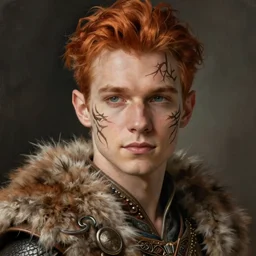 portrait painting of an elven young man with short ginger hair and tribal branch tattoos on his face wearing fur armor, sharp focus, award - winning, trending on artstation, masterpiece, highly detailed, intricate. art by rebecca guay