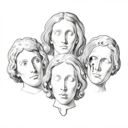 floating heads in the sky, outline drawing, magritte