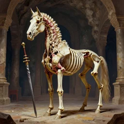A spiked horse skeleton with armored joints stands in a large cavernous throne room with halberd in hand. Massive shoulderplates. Extremely high detail, realistic, fantasy art, solo, masterpiece, bones, ripped flesh, saturated colors, LSD filter, art by Zdzisław Beksiński, Arthur Rackham, Dariusz Zawadzki, Harry Clarke
