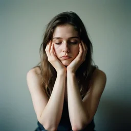 a masterpiece portrait photograph of a beautiful wistful sad humanoid ai female longing for solace by bill henson, forward facing, symmetrical composition, kodak portra 4 0 0, 5 0 mm, f 2. 8, trending on pinterest