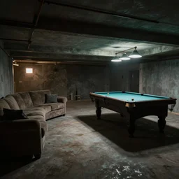 photograph of a new finished basement of a middle class home with a couch and a pool table, empty, dark, creepy