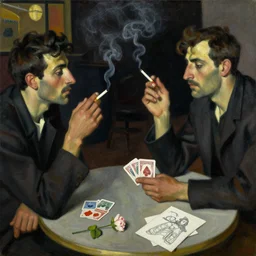 oil painting in the style of john craxton. sailors in the shadows of jazz club. cretan. forearm. talking. cafe. cheekbones. looking. strong expressions on faces. smoke. holding cigarettes. playing cards. scratch. strong lighting. brush. single flower. in the style of ivon hitchins. seated figure hands on table. line drawing. high detail.