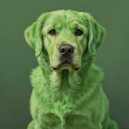hyperrealist, studio ghibli dull colors painting of a green labrador retriever with shaggy green fur and green dye.