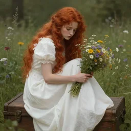 a beautiful red haired melancholic girl in white dress sitting on wooden trunk in a garden holding a bunch of wild flowers, deep focus, d & d, fantasy, intricate, elegant, highly detailed, digital painting, artstation, concept art, matte, sharp focus, illustration, octane render, hearthstone, well rendered, art by artgerm and greg rutkowski and alphonse mucha