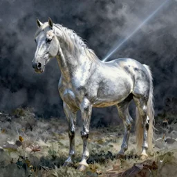 horse, pinterest, artstation trending, behance, watercolor, by coby whitmore, silver, laser light,
