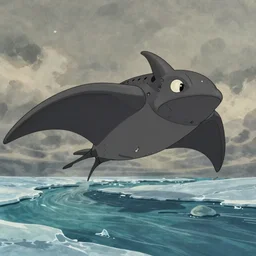 cell shaded cartoon of a giant lovecraftian mechanized grey manta ray from howl's moving castle ( 2 0 0 4 ), in an icy river, full body, wide shot, very muted colors, post grunge, studio ghibli, highly detailed, deviantart, art by artgem