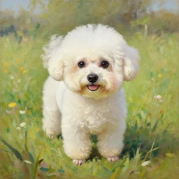 oil painting, littlest pet shop cute bichon frise in field, close up, noel coypel, emile eisman - semenowsky, edouard bisson