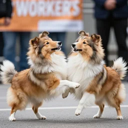 a photo of a sheltie fighting for worker's rights