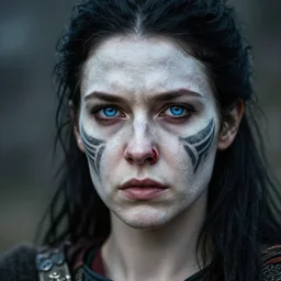 photorealistic portrait of female viking warrior in tribal face paint, bloody nose, blue eyes, porcelain skin, black hair, determined