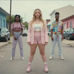 still from music video of sydney sweeney from die antwoord standing in a township street, street fashion clothes, haute couture, full figure portrait painting by martine johanna, njideka akunyili crosby, rossdraws, pastel color palette, 2 4 mm lens