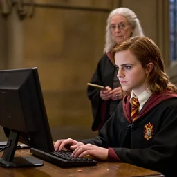 Photo of Emma Watson using a computer next to Professor McGonagall in Hogwarts