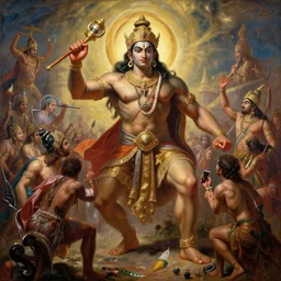 Asura King Ravan in an epic colossal dramatic scene from Ramayan, by Philippe Druillet, oil on canvas, masterpiece, detailed, dynamic, cinematic composition, beautiful lighting, view from ground, trending on artstation, top on pixiv, 8K, no frames,