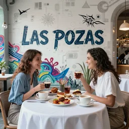 breakfast at las pozas, graffiti on a wall, happy mood, cyberpunk, futuristic, technilogy, high detail, golden light, realistic