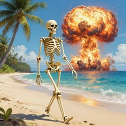 Beautiful digital painting portrait of relaxed skeleton walking on the tropical beach with nuclear bomb explosion on the ocean in the background, high quality, trending on Artstation, highly detailed big nuclear explosion in the background, realistic, tropical color scheme, anatomically correct skeleton, high coherence, beautiful aesthetic lighting