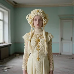 a young ivory and golden filigree girl in an soviet liminal abandoned room, film still by wes anderson, depicted by balthus, limited color palette, very intricate, art nouveau, highly detailed, lights by hopper, soft pastel colors