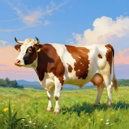 highly detailed photo of a floating cow floating above a beautiful meadow, scenic colorful environment, hyperrealistic illustration by william didier - pouget and norman rockwell
