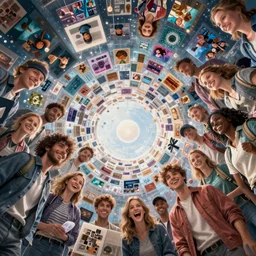 cinematic epic shot group happy humans, hyper realistic, detailed flow of beautiful digital paintings, vortex of large squares and rectangles, floating graphics, dripping light drops, text tranforming into images, highly detailed, super realistic, perfect lighting pixel sorting, style sheet
