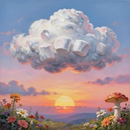 a beautiful painting of every cloud has a silver lining, paradise, sunset, made frome marshmallow, made from flowers and fungi, highly detailed, 8 k resolution, trending on artstation