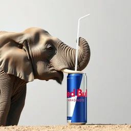 an elephant is drinking from a straw into a can of red bull that is 4 0 feet tall