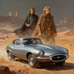 moebius and ralph mcquarrie jaguar e - type futuristic sci - fi painting, star wars dune, the incal