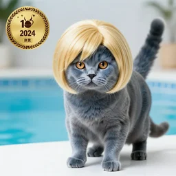 professional photo of a blue cat wearing a blonde wig by!!!, short hair wig, wig hair, super saiyan hair wig!!, 4 legs, studio lighting, very detailed, unreal engine, canon photo!!!!, professional lighting, good composition, rule of thirds, winning award photo, real cat, real, swimming pool