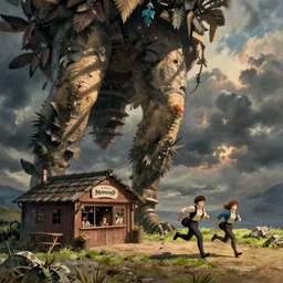 Giant legs, Howl's Moving Castle, running tavern, by Jakub Rozalski