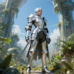 full armored female knight errant in a high tech botanical world with blue skies | style by greg rutkowski, vincent callebaut, dramatic light | high detail | cinematic lighting | pristine metals, glass, plants | solarpunk |