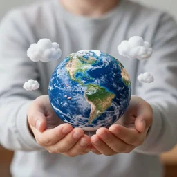 Holding miniature Earth in Hands, with small fluffy clouds floating around miniature earth, small boats on the miniature Earth, 40nm lens, wide angle, shallow depth of field, 4k,