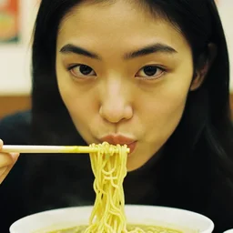 close up of face of female asian fashion model, at noodles fastfood in in tokio, photo by ellen von unwerth, analog, grainy, yellow tone, dramatic lighting, highly detailed