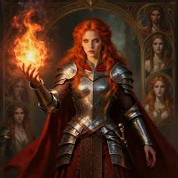 portrait painting of an elven female redhead cleric wearing a metal armor and a red cape, casting a fireball, ultra realistic, concept art, intricate details, eerie, highly detailed, photorealistic, octane render, 8 k, unreal engine. art by rebecca guay and artgerm and greg rutkowski and charlie bowater and magali villeneuve and alphonse mucha