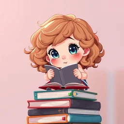 a little girl with wavy curly light brown hair and blue eyes sits on top of a tall pile of books, reading. clean cel shaded vector art. shutterstock. behance hd by lois van baarle, artgerm, helen huang, by makoto shinkai and ilya kuvshinov, rossdraws, illustration, art by ilya kuvshinov