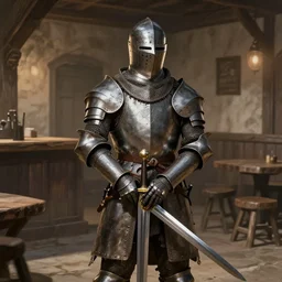 medieval knight holding sword in tavern trending on artstation