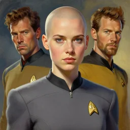 a bald serbian!!! young woman as a star trek captain, wearing a grey uniform, still from star trek painted by artgerm and greg rutkowski and alphonse mucha. clear highly detailed face, beautiful sci fi art
