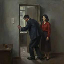dark oil realistic painting of a gaunt man entering a communist woman's appartment