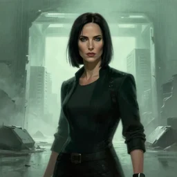 battle hardened, overpowering, pragmatic, charismatic female character from the matrix, face centered portrait, confident, ruined cityscape, sterile minimalistic room, architecture, fog, rain, volumetric lighting, illustration, perfectly shaded, greenish tinge, cold lights soft painting, art by krenz cushart and wenjun lin
