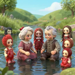 a colorful photograph of grandparents in a river, with many diabolical cursed creepy dolls, poppy playtime style, with crazy laughs and crazy eyes, butterflies everywhere, taken by martin parr, saturated colour photo kodachrome