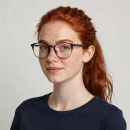 Portrait of a beautiful woman, redhead, hair ponytail, glasses, freckles, by Mandy Jurgens