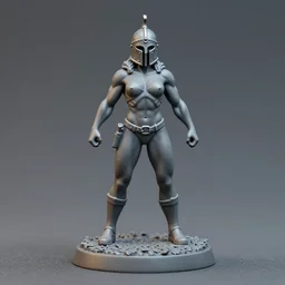 80mm resin detailed miniature of a helmeted muscular woman in full-face iron helmet, abdominal muscles, navel, boots, on textured disc base; Product Introduction Photos, 4K, Full body, view from front
