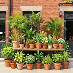 a beatiful various potted plants on a table in front of a brick building, extremely detailed, sharp focus, wide view, full body shot, smooth, digital illustration, colorfull by, james jean, by rossdraws, frank franzzeta, sakimichan, mcbess, aphonse mucha